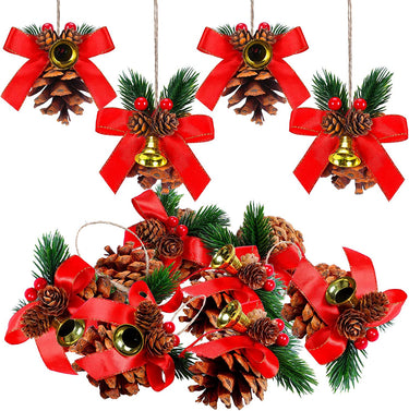 12 Pieces Christmas Tree Pine Cones Ornaments Pine Cones with Bell Pendant Crafts Hanging Pine Cones Decorations with Bows Fall Rustic Christmas Ornaments Bulk for Xmas Tree Winter Home Decor